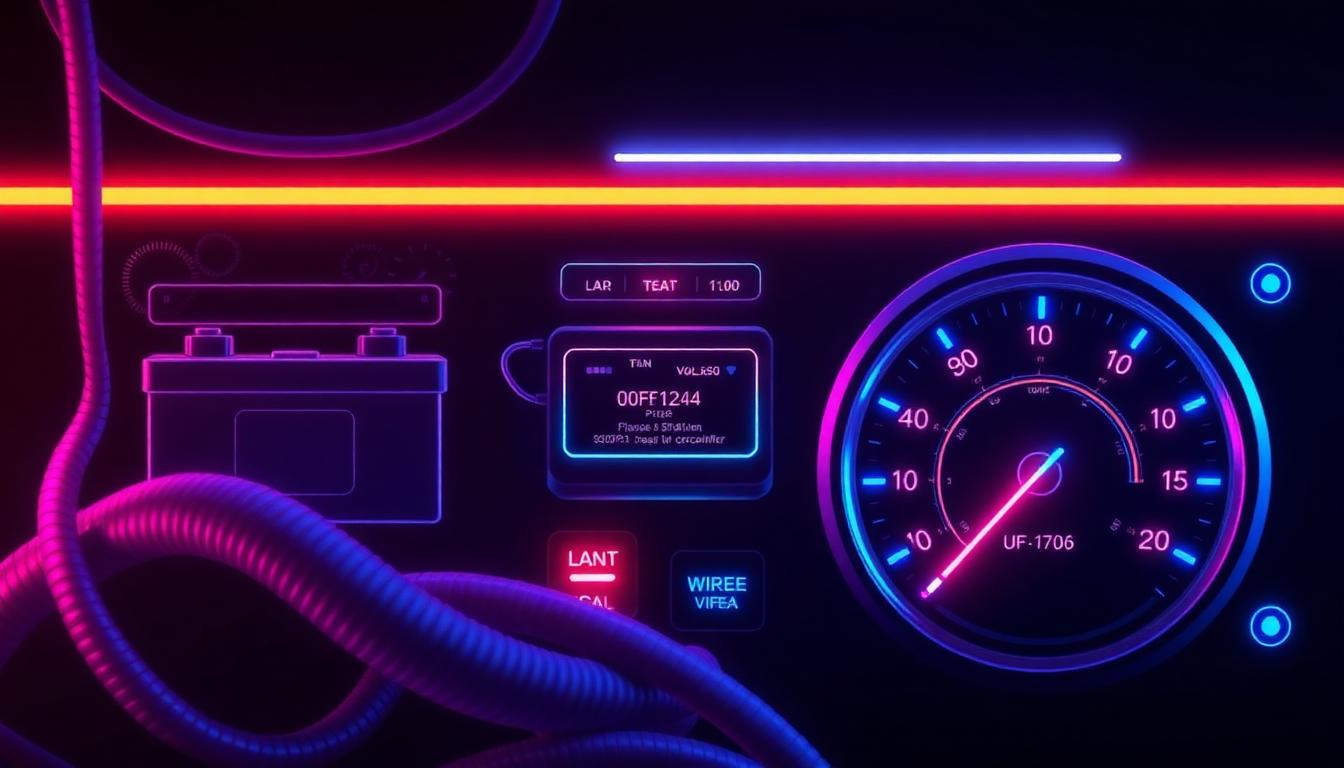 Painel de cálculo elétrico com bateria, cabos e medidores